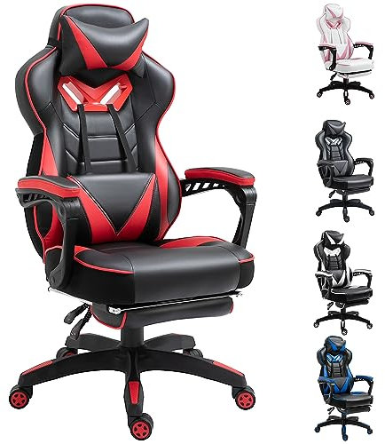 Vinsetto Computer Gaming Chair, Racing Desk Chair with Lumbar Support and Footrest, PU Leather Gamer Chair with Headrest and Swivel Wheels for Home, Red