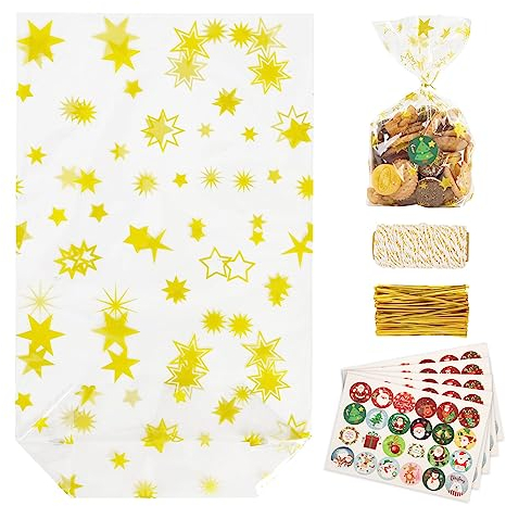 100 Stück Sterne Bodenbeutel Cellophantüten, Weihnachten Kekstüten Transparent , Folientüten mit Goldband、Schnur und Aufkleber ,Bonbons Giveaway Kindergeburtstag Transparente Geschenktüte Groß.