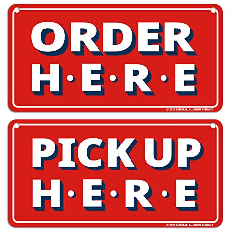 GEEKBEAR Order Here Pick Up Here Sign (Red) - Schilder „Hier bestellen und hier abholen“ – Premium-Schilder „Hier bestellen und hier abholen“ mit speziellen Haken zum Aufhängen an der Decke