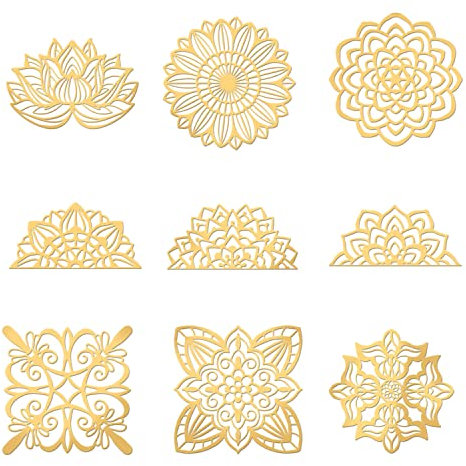 OLYCRAFT 9 stücke Mandela Floral Goldene Messing Aufkleber Selbstklebende Aufkleber Metall Aufkleber Lotus Aufkleber für Sammelalben DIY Kunstharz Handwerk Telefon Wasserflasche Dekor - 4x4cm