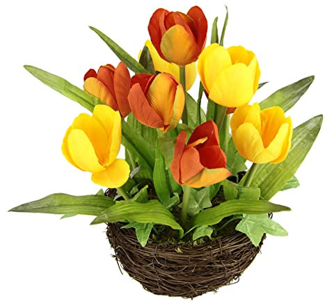 Kunstblumen Tulpen im Nest künstliche Blume Papageientulpe Blüte Frühjahrsdeko Osterdeko Osternest Mittelstück Dekoration Seidenblume wie echt Kunsttulpe Tischdeko Zimmerpflanze Floristik
