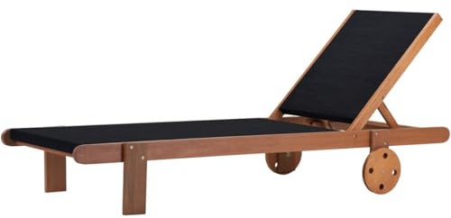 Habitat et Jardin - Bain de Soleil en Bois Exotique et Textilène Saïgon - Chaise de Jardin, Piscine et Balcon - Transat avec Dossier Inclinable + 2 Roues Arrières - Noir