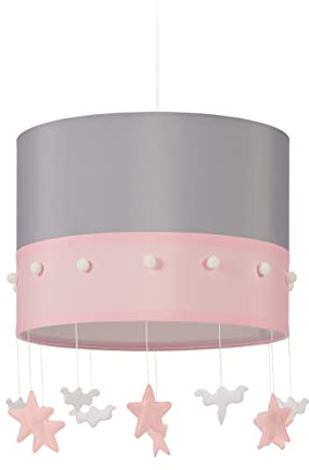Relaxdays Hängelampe Kinderzimmer, Himmel-Motiv, HD: 160x35 cm, Pendelleuchte mit hängenden Sternen & Wolken, rosa/grau