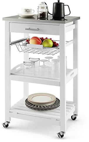 GIANTEX Küchenwagen mit Rollen, Küchenregal mit Arbeitsplatte, Servierwagen mit Schublade & Korb & Tablett & Regal, Rollwagen aus Edelstahl & Holz, Kücheninsel Küchentrolley modern, 47x39x85 cm, Weiß