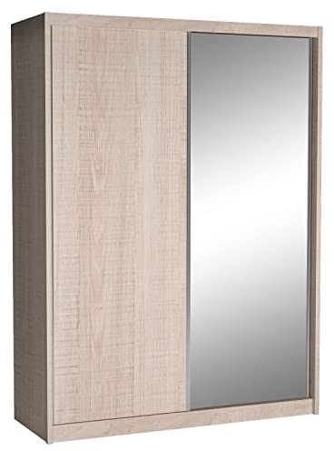 Cool24 Maciej II Kleiderschränke - Modern Schwebetürenschrank - Kleiderschrank mit Spiegel und Kleiderstange - Schlafzimmerschrank 180cm mit 12 Regale - Kleiderschrank Beige - Schrank Schlafzimmer