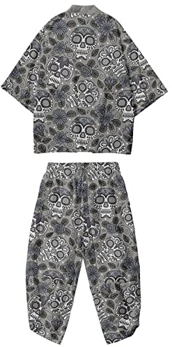 DOSLAVIDA Ensemble de veste kimono japonais pour homme - Élégant manteau ouvert sur le devant avec short - Style chinois imprimé, Pantalon - gris 1, XX-Large
