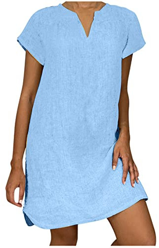 AMhomely Summer Dresses for Women UK Clearance Plus Size Cotton Linen V Neck Casual Short Sleeve T Shirts Dress Loose Midi Trendy Elegant Plain Beach Vocation Sundress, 1* Light Blue, XL