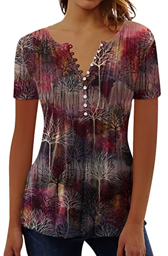 Azruma T Shirt Damen Kurzarm Bluse Damen Weiß Partner Tshirt Elegante Blumendruck Plissee V Ausschnitt Kurzarm Tshirt Mit Knopfleiste Sport Top Damen (2-Wine, L)