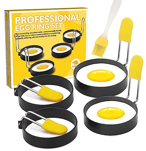 4pcs Egg Rings Non Stick for Frying, Non Stick Egg Rings with Anti-Scald Handle and Oil Brush Stainless Steel Fried Egg Rings for Fried Eggs, Pancakes, Mcmuffin, Omelettes, Crumpets.