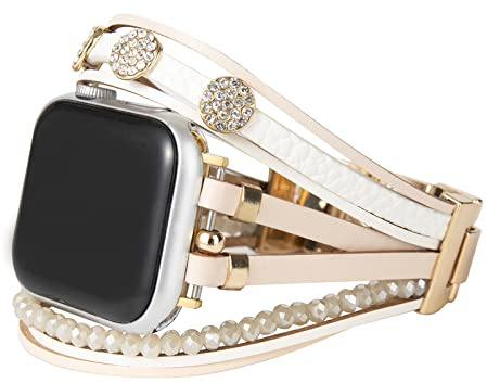 KONAFEI Compatible with Apple Watch Strap 46mm 45mm 44mm 42mm 41mm 40mm 38mm 49mm, iwatch Series 10/9/8/7/SE/6/5/4/3/2/1/Ultra, Leather Bracelets Women Jewelry Metal Clasp Multilayer Wrap Band