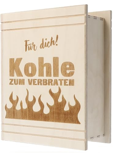 Spruchreif | Spardose in Buchform mit Gravur | Holz-Spardose mit Gravur | Geldgeschenk | Sparbüchse | Buch-Spardose | Lustige Geschenkidee | „Kohle zum Verbraten“