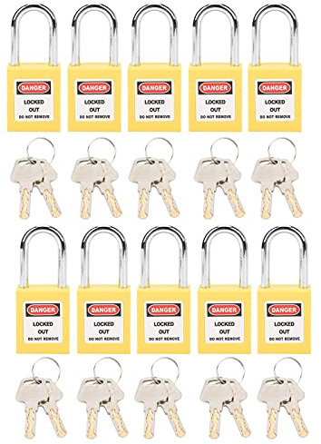 Lote de 10 candados de seguridad de 38 mm de nailon con candado de loto con 20 llaves para alimentación química (amarillo)