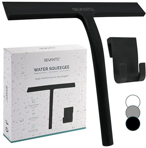 SEVANTE Duschabzieher 23 cm - Silikon Fensterabzieher - Bad Accessoires - Abzieher Dusche mit Halterung - Flitsche für Dusche, Glas und Spiegel - Duschkabinenabzieher - Schwarz