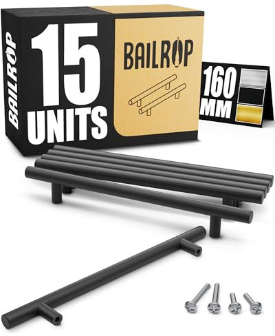 BAILROP Tiradores Cocina Negros 160MM Tiradores Negros - Tiradores Armarios para Muebles de Cocina o Dormitorios de Acero Inoxidable (15 unidades)
