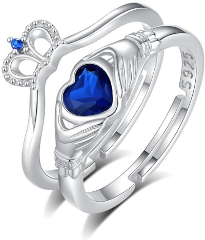 INFUSEU Claddagh Ring, 925 Sterling Silber Blauer Zirkon Liebe Loyalität Freundschaft Graviert Ring Mit Herz Symbol Der Liebe, Schmuck für Frauen Und Mädchen