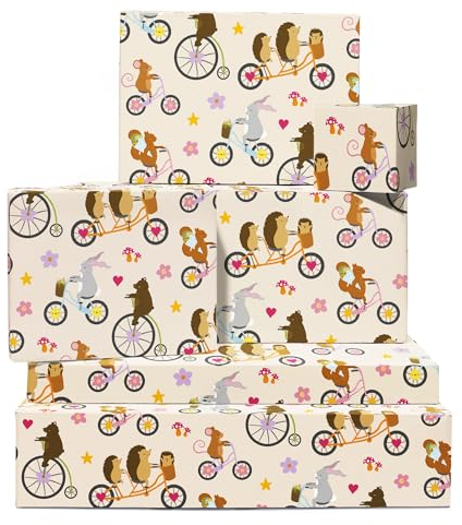 Geschenkpapier Baby – 6 Blatt Wald-Geschenkpapier Für Mädchen – Tiere Auf Fahrrädern – Hase, Bär, Eichhörnchen, Igel, Maus – Babyparty – Recycelbar – Von Central 23