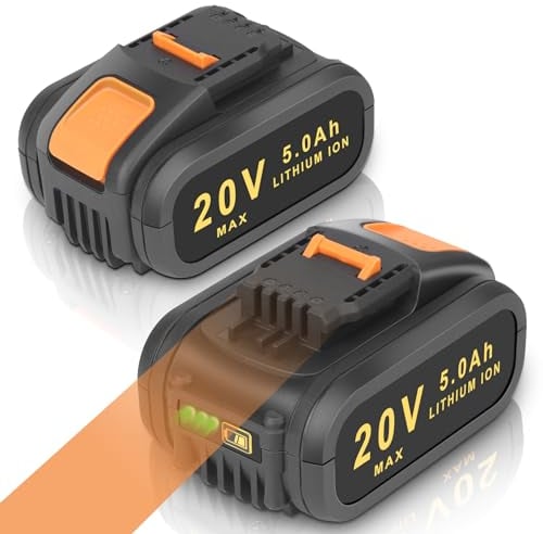 2 Pack 20V 5.0Ah Battery for Worx WA3551, KUNLUN Li-ion Replacement Battery for Worx Cordless Power Tools WA3551.1 WA3553 WA3553.2 WA3641 WA3572 WA3557 WX390 WX176 WX166.4 WX372.1 WG629E WA3760 WA3881