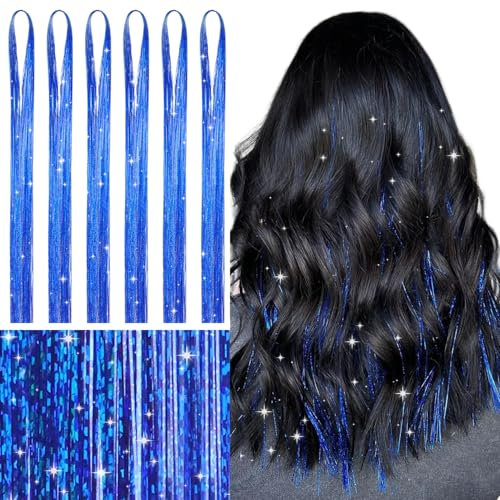 WENNALIFE Hair Tinsel, Schatz Blau 120CM Haar Lametta 1200 Glitzer Haarsträhnen Kit Glitzersträhnen für Haare Festival Party Haar Glitzer Tinsel Hair Fairy Hair für Mädchen