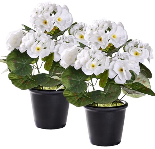 YELIKIT Lot de 2 fleurs artificielles en pot - Géranium - Décoration extérieure et intérieure - Bouquets de fleurs en soie avec vase en céramique - Plante artificielle pour balcon, maison, mariage,