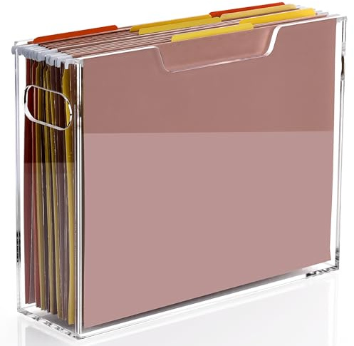 DINGHUO Acrylic File Organizer Box Letter Size Hanging File Organizer, Clear Folder Holder Portable File Box with Handle, Storage Filing Organizer for Desk, Office, School - 1 Pack