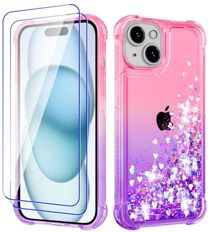 Pilaru Lovely for iPhone 15 Case[2 Screen Protector] Clear Liquid Heart Glitter Soft TPU Cover Transparent Girly Shockproof Protective Phone Case for iPhone 15,Pink/Purple