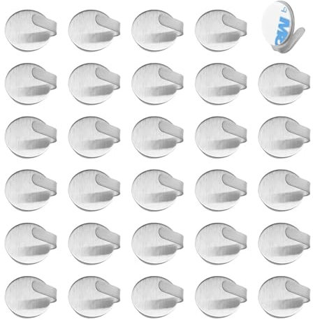 HERKINDNESS Selbstklebende Mini Haken, 30 Stück, Silber Rund, Kein Bohren Notwendig, Edelstahl Haken für Badezimmer, Küche, Wohnzimmer, Büro, für Kleine Gegenstände