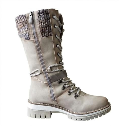 Damen Winterstiefel mit mittlerer Wadenhöhe, stilvoller niedriger Absatz, seitlicher Reißverschluss, Schlupfsohle, Stiefel mit Fußgewölbeunterstützung, leicht, mit Pelz, gefüttert, warm, lässig,
