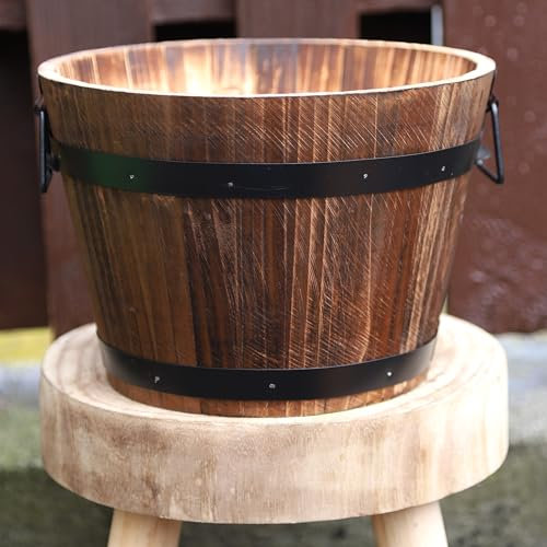 Fyne-Finds Round Wooden Whiskey Barrel Planter 28cm, 11inch Garden Pot with Metal Handles Band Outdoor Tub Weatherproof DrainageHoles (1)
