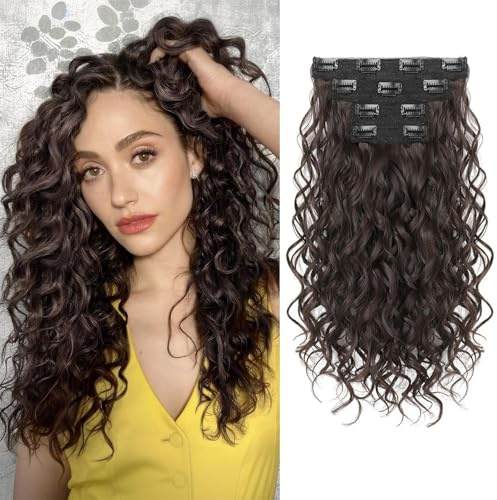 LunarCharm 4-teilige lockige Haarverlängerungen, 40 cm Clip-in-Haarverlängerungen, kurze lockige Haarteile, unsichtbare natürliche Haarteile für Frauen, Schwarz Braun