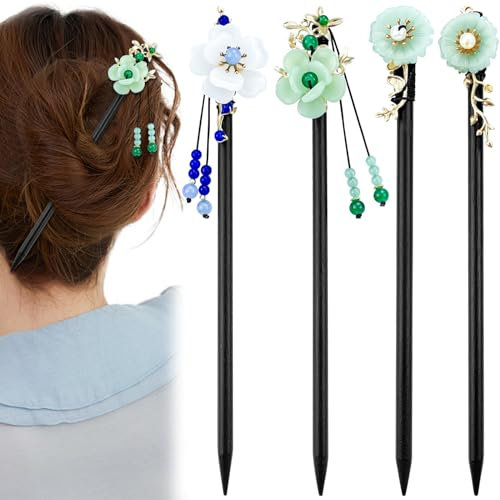 Baguette Cheveux Femme, 4 Pièces Barrette Japonaise, Bois Vintage Pic a Cheveux Chinoise Et Épingles à Cheveux Fleur Papillon, Décoration En Perles Convient Aux Femmes Aux Filles Aux Cheveux Longs (B)