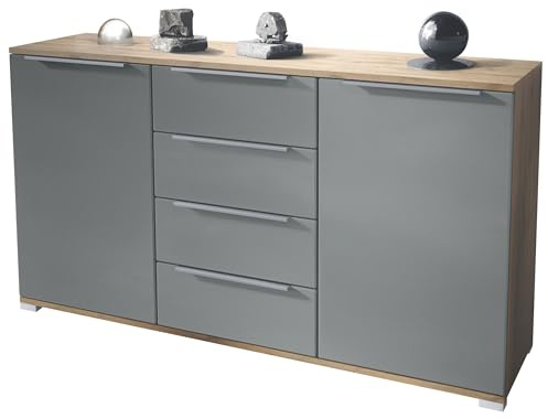 Vladon Sideboard Linio V1, Anrichte mit 2 Türen und 4 Schubladen, Eiche Evoke/Graphit Seidenmatt (138,5 x 75,5 x 35 cm)