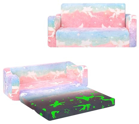 Pieghevole Divano Bambini 2-in-1, Poltroncina per Bambini Trasformabile in Lettino per Regalo Bambino,Stabile Sedia si illumina al Buio Camere da Letto, Soggiorno e Stanza per i Giochi,Unicorno