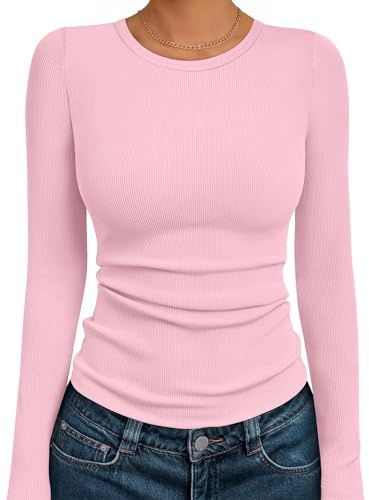Suncife T-shirt côtelé décontracté à manches longues pour femme - Col rond - Coupe ajustée - Tunique côtelée