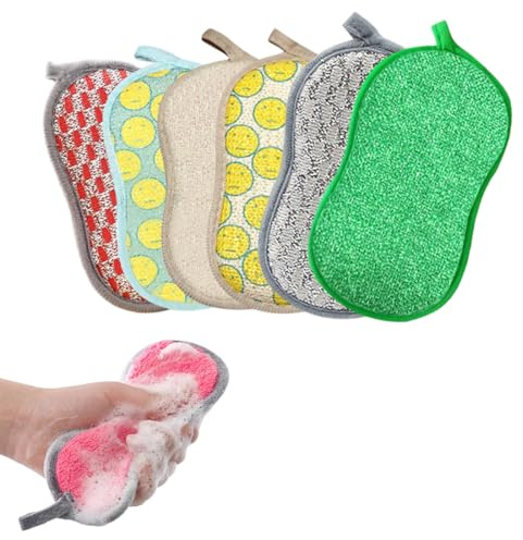 JEYORZY 6 Stück Spülschwamm Waschbar Putzschwamm, Spülschwamm Waschbar Mikrofaser, Zweiseitig Schwamm Küche Wiederverwendbar Für Die Haushaltsreinigung, Küche, Spüle, Geschirr, Bad, Zufällige Farbe