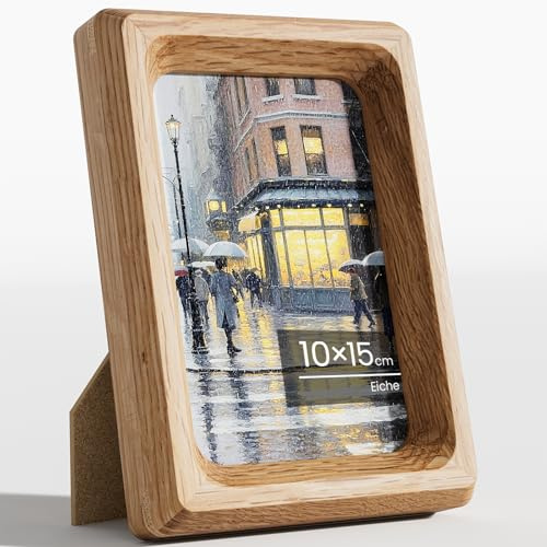 Feihorrm Bilderrahmen 10x15 Natürliche Eiche, Handgefertigte Holzrahmen | Original Holz Fotorahmen Mit Gehärtetem Glas für Bild Anzeige, Familienbild, Wand oder Tischplatte Anzeige