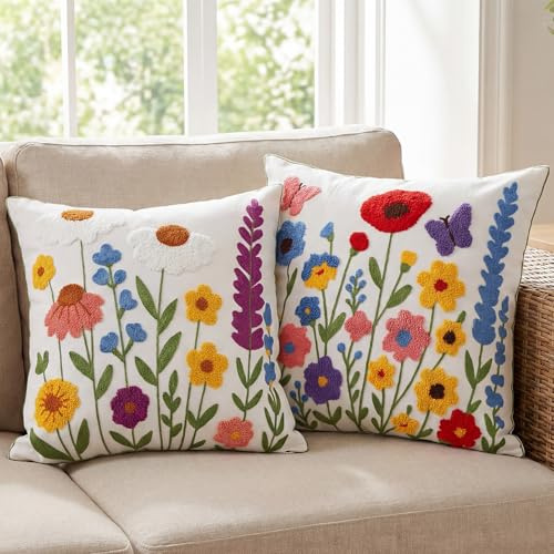 Peryiter 2 Pack Wildflower Embroidered Throw Pillow Covers 18x18 Inch