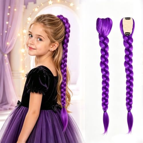 FOSDICK Peluca Trenzas Morada Para Mujer Niña, Extensiones Trenzas Moradas De Cosplay De Anime, Coleta Postiza Pelo Morada, Extensiones de Clip de Pelo, Pelucas Disfraz Para Halloween Carnaval Fiestas