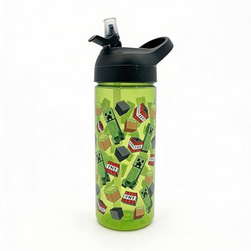 Minecraft 600ml Kids Water Bottle with Flip Spout Lid – Creeper & TNT Design BPA-Free Drinking Bottle for School, Travel & Sports, Green