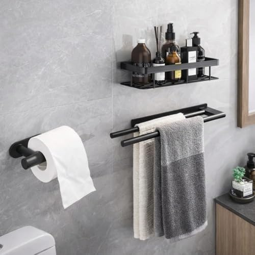 Zerion Set Accessori Bagno in Alluminio 3 Pezzi – Porta Carta Igienica, Porta Asciugamani 2 Barre 40 cm, Mensola Porta Bagnoschiuma – Installazione con Biadesivo Senza Forare