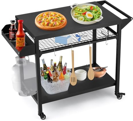 GarveeTech Grillwagen Outdoor – Mobiler Grilltisch mit 3 Ablagen, Gitterablage, Rollen & Haken für Gasflasche, ideal für BBQ, Garten, Camping, Party – Installationsgitter