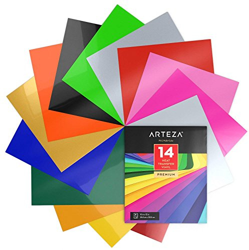 ARTEZA Wärmeübertragung Vinylfolie, 25.4 x 30.5cm (10 x 12 Zoll), Packung mit 14 Heat Transfer Vinylblättern, vielseitige Plotterfolie, Vinyl Papier für Hitzedruck-Transfer von Bügelbildern