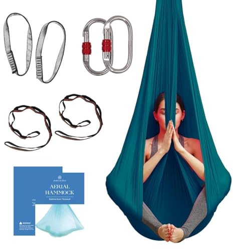Aerial Silk Yoga Hammock & Swing for Home, Inversion Exercises, Starter Kit for All Levels - Durable with Extension Straps, Carabiners, and Pose Guide