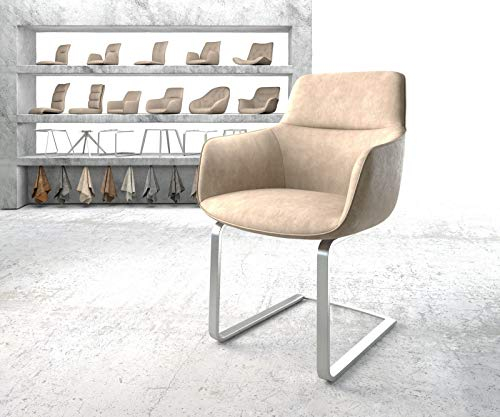 DELIFE Schwingstuhl Pejo-Flex Freischwinger flach Edelstahl Mikrofaser Beige Vintage Taschenfederkern