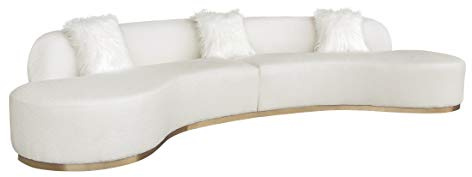 Pasargad Home Simona Collection Curved Sofa - Textured Fabric Upholstery, Living Room, Luxury Room Sofa with 3 Pillows, 150.4 Width, Ivory/Gold