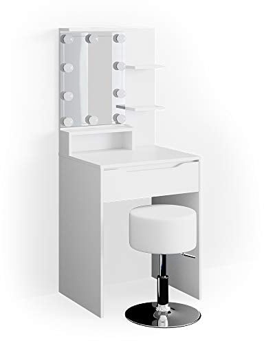 Vicco Schminktisch Ruben, Kosmetiktisch mit Spiegel, Weiß, 60 cm mit LED Beleuchtung und Hocker
