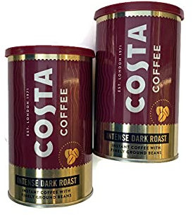 Costa Coffee Intense Dark Roast Instant Coffee with Finely Ground Beans 2 Tin Bundle