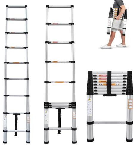 8.5Ft/2.6M Telescopic Ladder Portable Aluminium Extension Ladders,Telescopic Attic Loft Ladders,Multi-Purpose Multi-Function Extendable Ladder,Max Load 330lbs