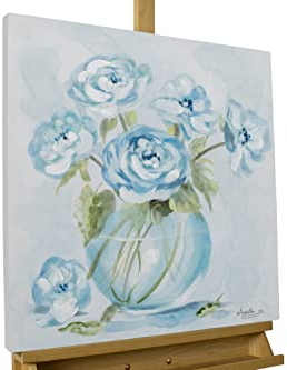 KunstLoft Leinwandbild | 100% HANDGEMALT | 60x60cm | Gemälde 'Poesie und Blumen' | Blüten | Blau Weiß | Wandbild Wohnzimmer
