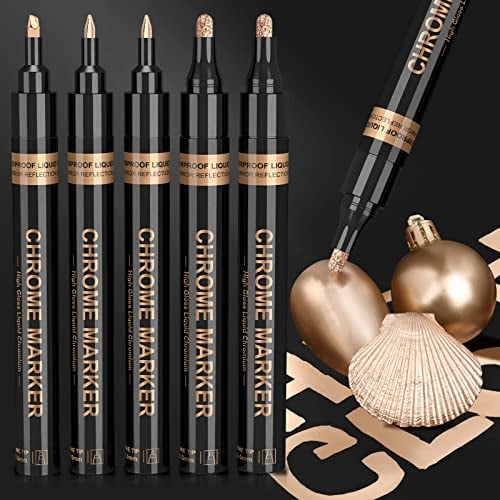 Art Liquid Copper Chrome Markers, KERIFI Reflective Gloss Metallic Chrome Marker Set, Unique Bronze Mirror Marker Permanent, Touch Up Repair Paint Pen for Model Rocks Metal Glass Plastic, 5pack, 1-3mm