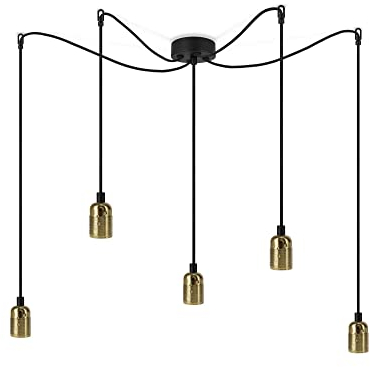 Sotto Luce Bi minimalistische 5-Licht-Pendelleuchte - Messing - 1,5 m schwarzes Textilkabel - schwarze Deckenrosette - 5 x e27 - Fassungen